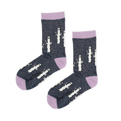 Nordic Buddies women's socks in sparkly navy with Hattifatteners and lilac heels and toes
