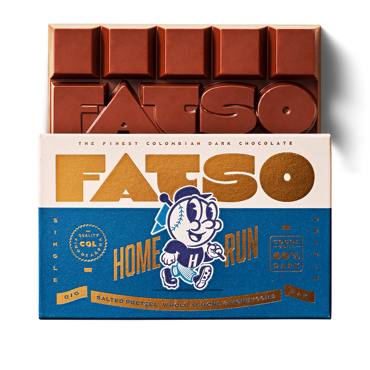 Fatso Home Run dark chocolate bar in blue packaging with a baseball mascot