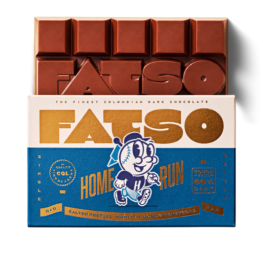 Fatso Home Run dark chocolate bar in blue packaging with a baseball mascot