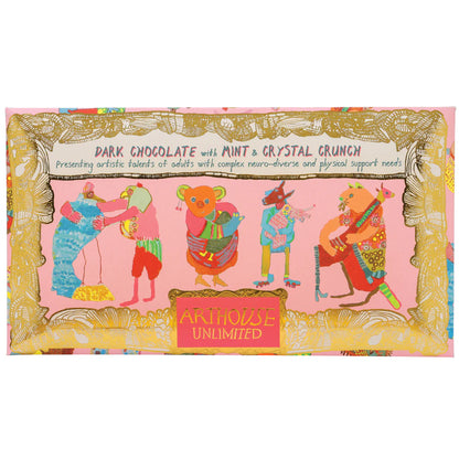 Arthouse Unlimited Hugging Animals dark chocolate with mint and crystal crunch, in pink packaging with dancing animals
