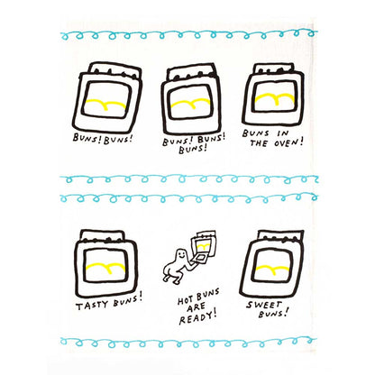 Hot Buns tea towel unfolded: a grid of ovens full of buns with captions like 'Buns in the oven!' and 'Sweet buns!'