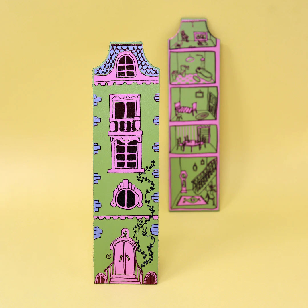 Pair of apple green leather tall house bookmarks with pink windows