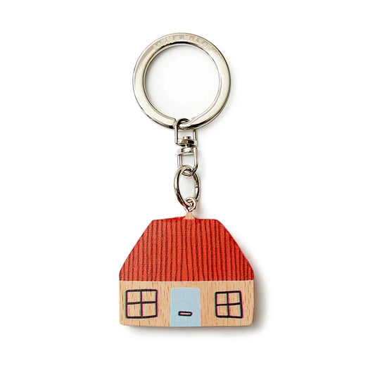 Wooden house keyring with a red roof on a silver ring