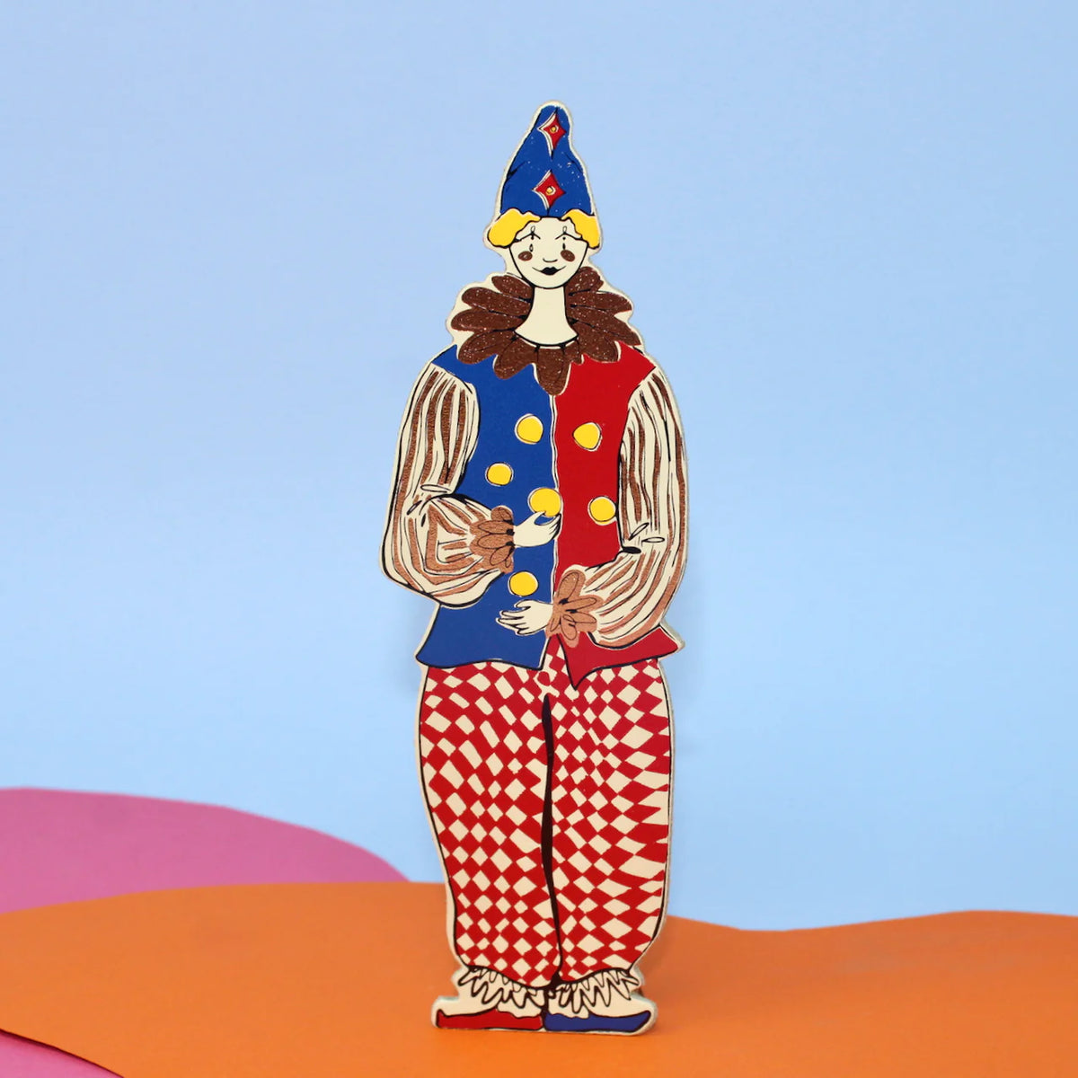 Ark clown bookmark: a clown in a red and yellow checked suit and pointed hat