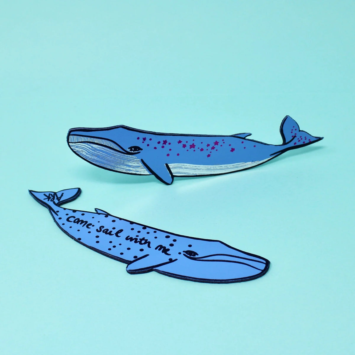 Pair of blue leather whale bookmarks: come sail with me