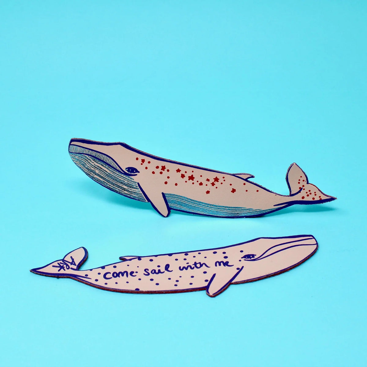 Pair of pale pink leather whale bookmarks: come sail with me