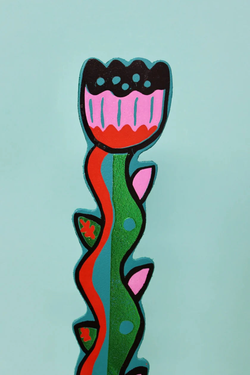 Turquoise leather tulip bookmark with a pink flower and red stem