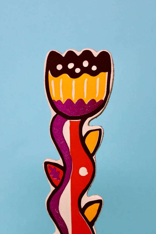 Ark cream tulip bookmark with a dark red flower and a wavy stem, on blue