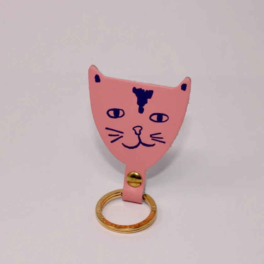 Pink leather cat head key fob on a gold ring