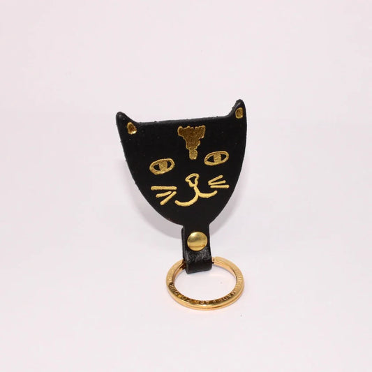 Ark black leather cat head key fob with a gold printed face
