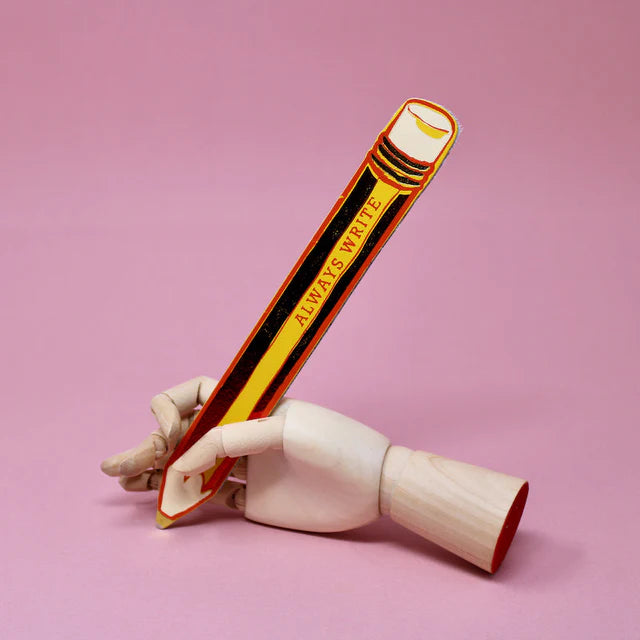 Ark yellow pencil bookmark held by a wooden hand