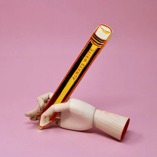 Ark yellow pencil bookmark held by a wooden hand