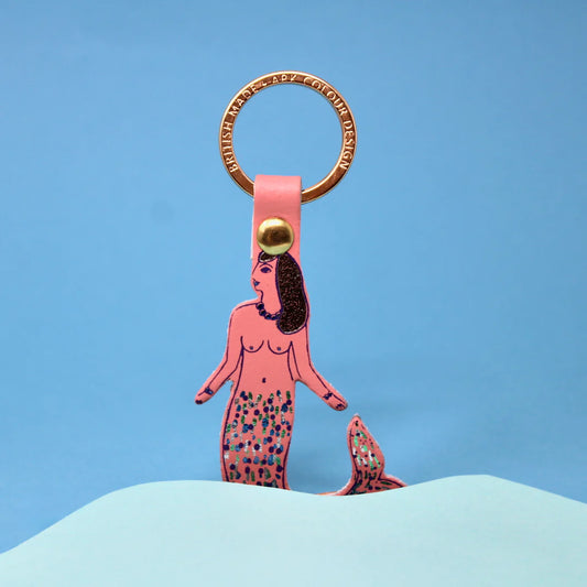 Pink leather mermaid key fob on a gold ring