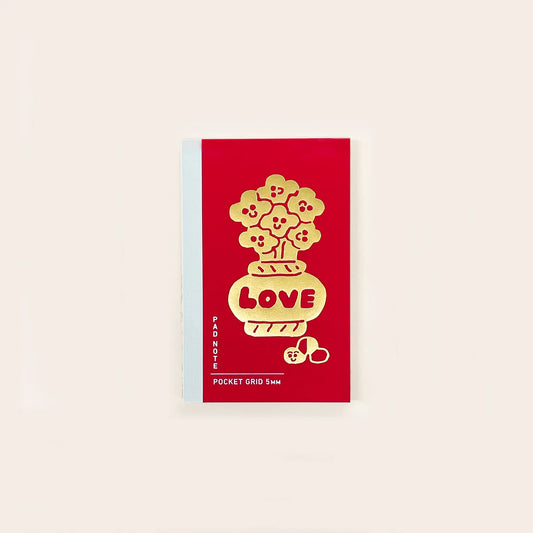Sikigu red A6 notebook with a gold flower pot reading 'Love'