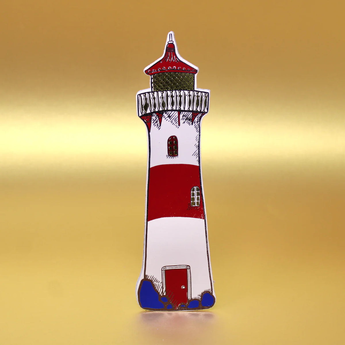 Ark cream and red striped lighthouse bookmark against a gold background