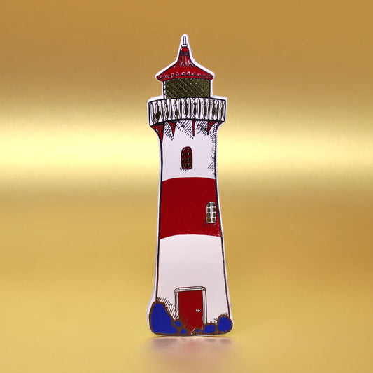 Ark cream and red striped lighthouse bookmark against a gold background
