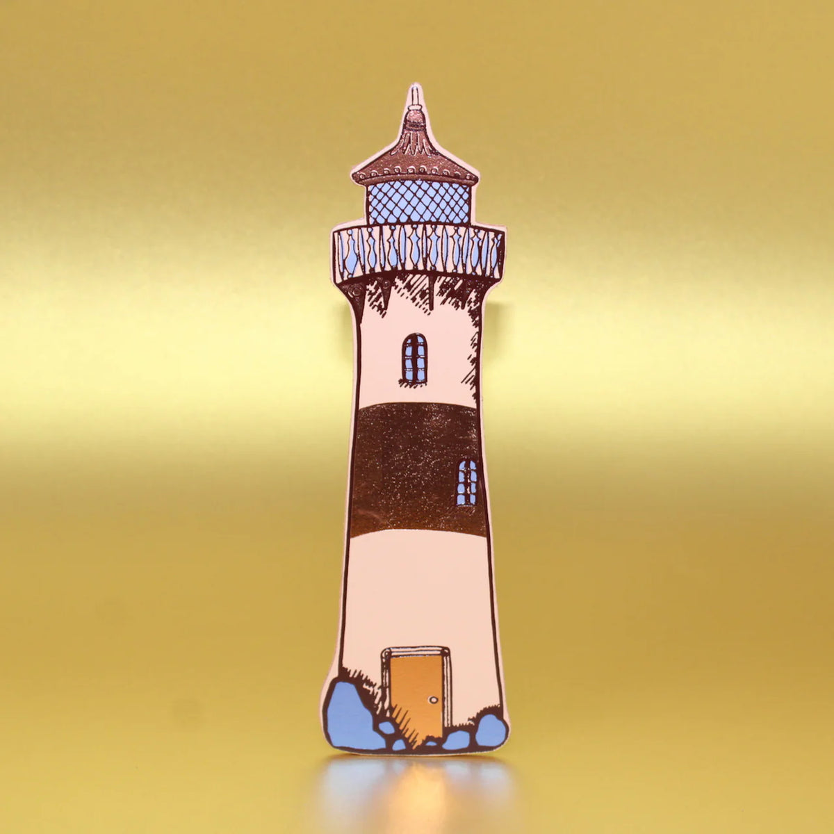 Ark peach lighthouse bookmark against a gold background