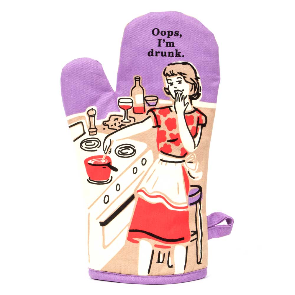 Lilac oven mitt with a tipsy woman and wine in the kitchen: Oops, I'm drunk.
