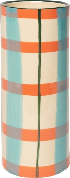Tall cylindrical ceramic vase painted with a cream, pale blue and orange grid pattern