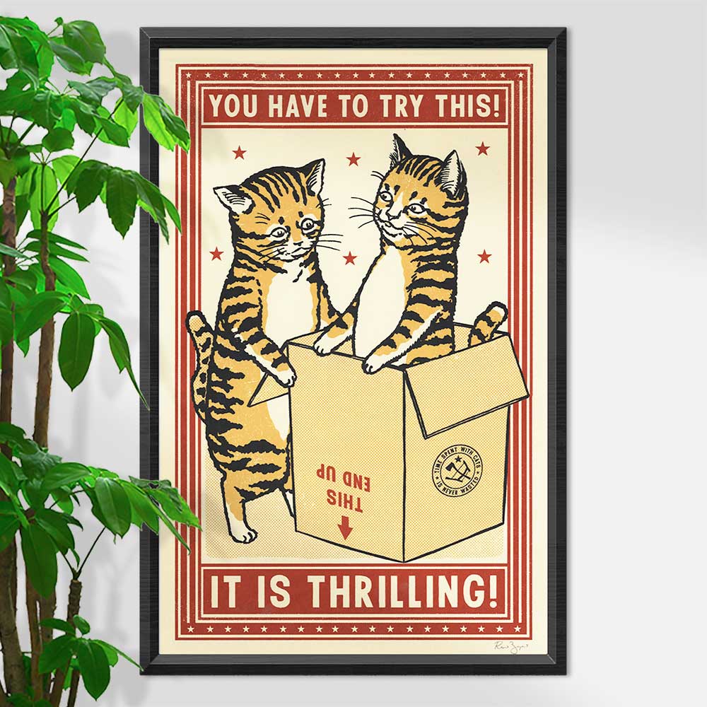 Ravi Zupa print: two tabby cats in a cardboard box, with 'You have to try this! It is thrilling!'