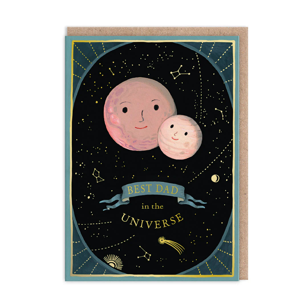 Ohh Deer card: two smiling planets in space, with 'Best Dad in the universe'