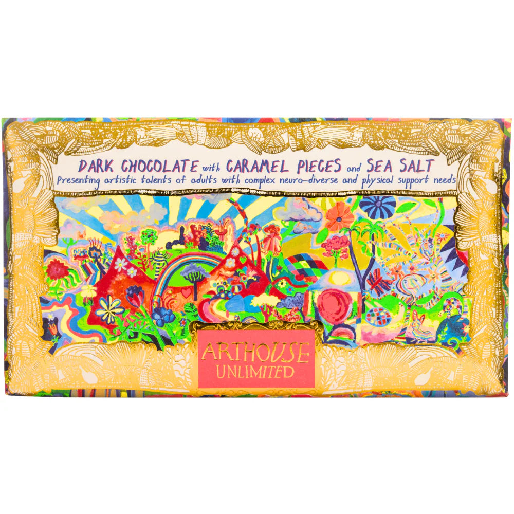 Arthouse Unlimited Joy Revolution dark chocolate with caramel pieces and sea salt, in colourful illustrated packaging