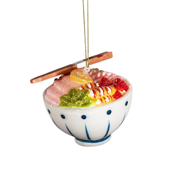 Glass Christmas bauble shaped like a bowl of ramen with chopsticks