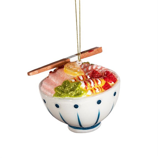 Glass Christmas bauble shaped like a bowl of ramen with chopsticks