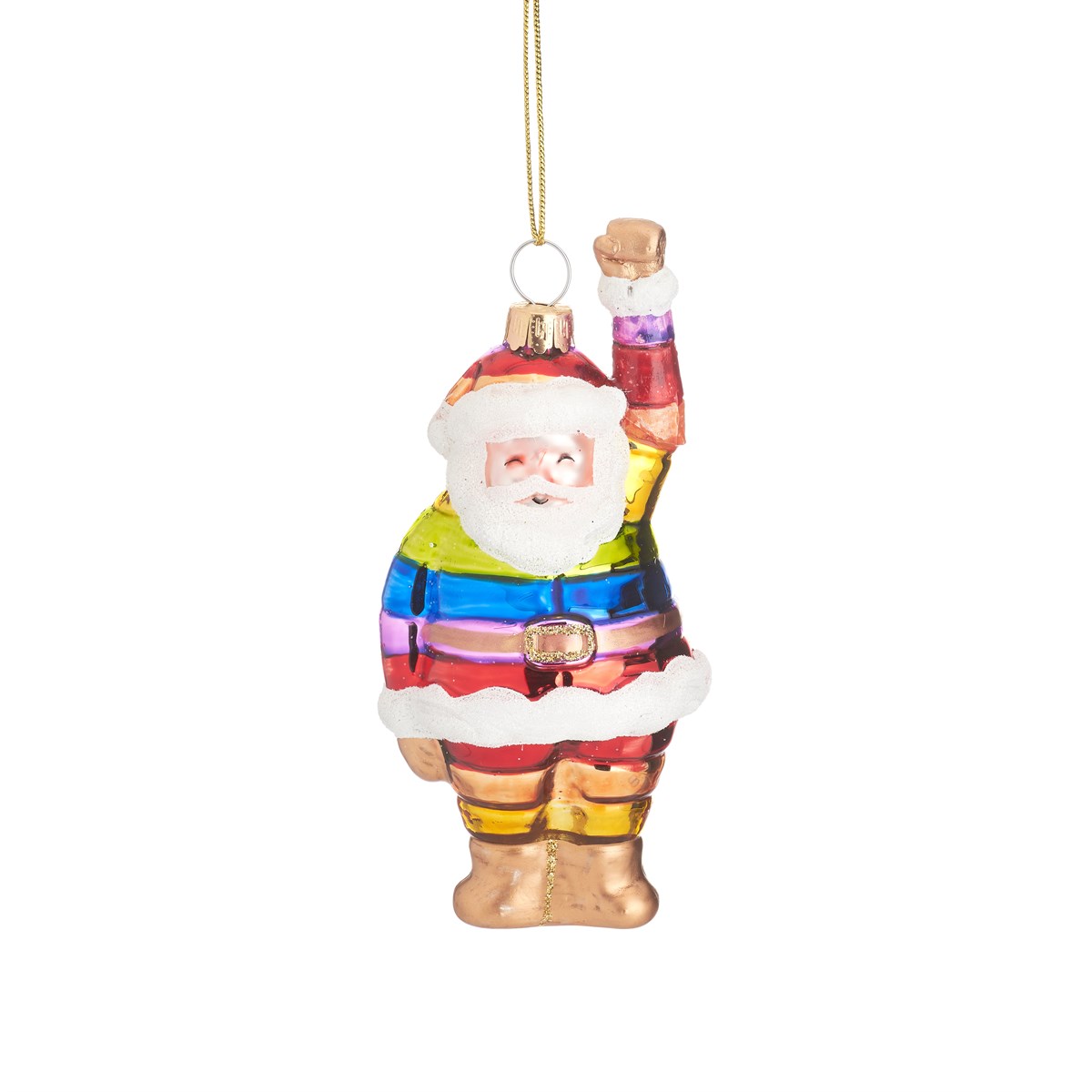Glass Christmas decoration of Santa in a rainbow-striped suit