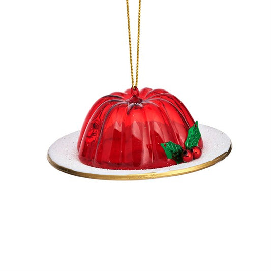 Glass Christmas bauble shaped like a red jelly on a plate with holly