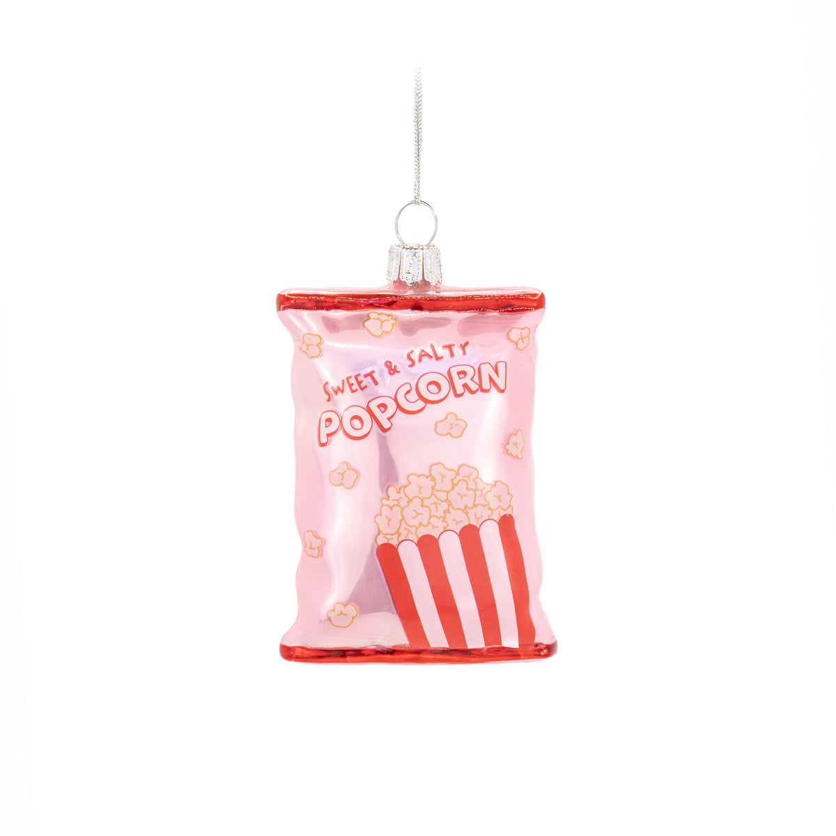 Glass Christmas bauble shaped like a pink packet of sweet & salty popcorn