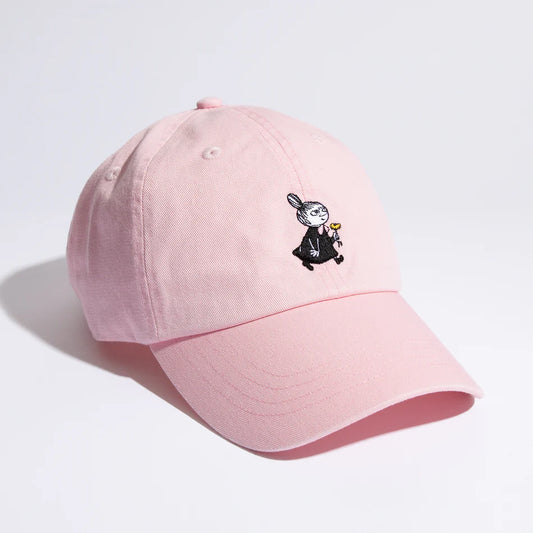 Pink baseball cap with an embroidered Little My holding a flower