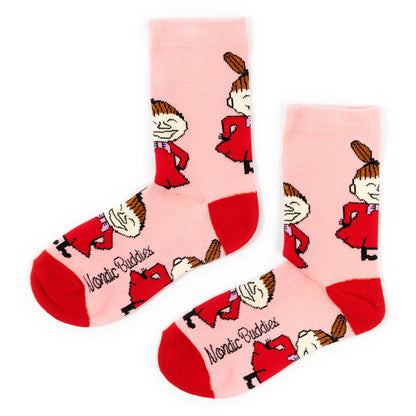 Nordic Buddies pink socks with red heels and toes, printed with Little My