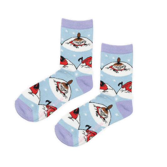 Nordic Buddies women's socks in pale blue with Little My in the snow and lilac heels and toes