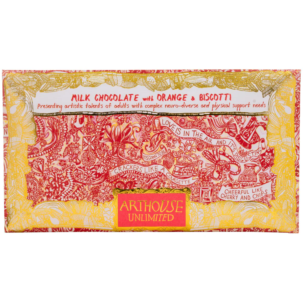 Arthouse Unlimited milk chocolate with orange & biscotti, in red and yellow patterned packaging