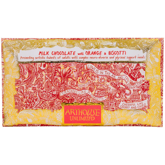 Arthouse Unlimited milk chocolate with orange & biscotti, in red and yellow patterned packaging