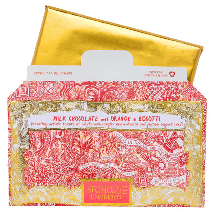 Arthouse orange & biscotti chocolate with its gold-wrapped bar pulled out