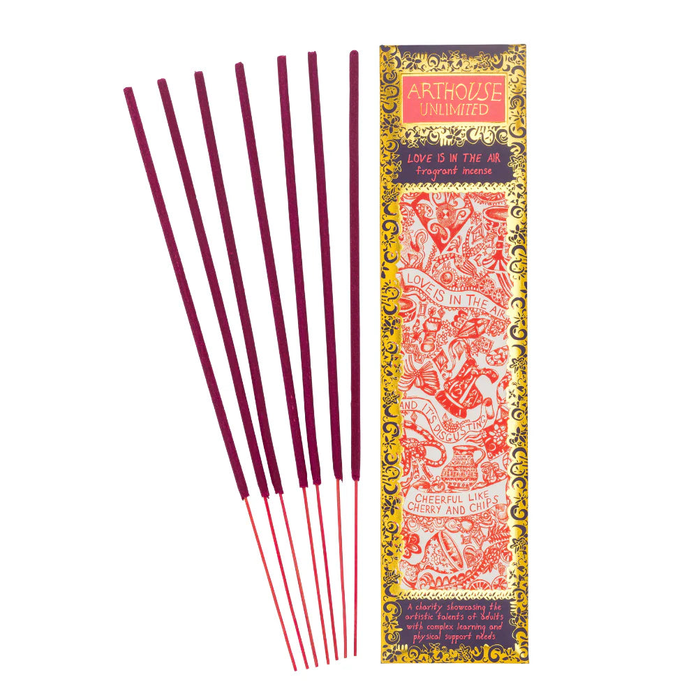 Arthouse Unlimited Love is in the Air incense sticks beside their pink box
