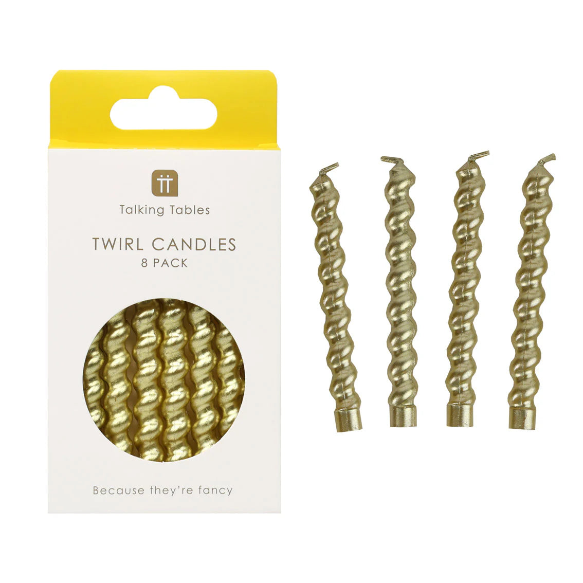 Talking Tables gold twirl candles: a pack beside four spiral gold candles