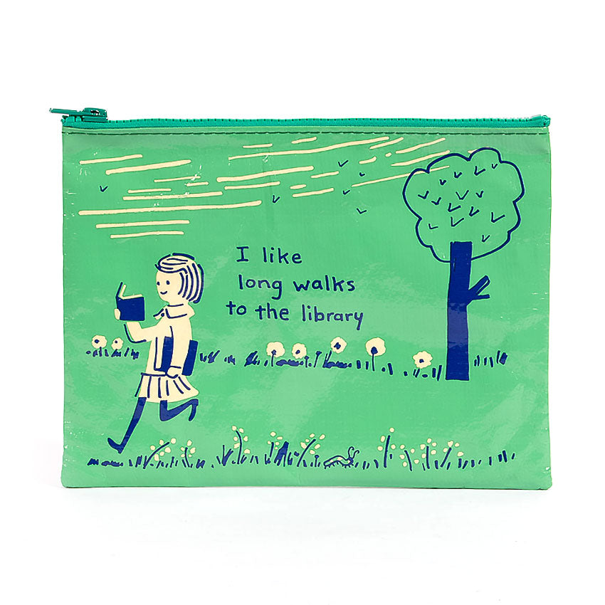Green zip pouch with a woman reading as she walks: I like long walks to the library