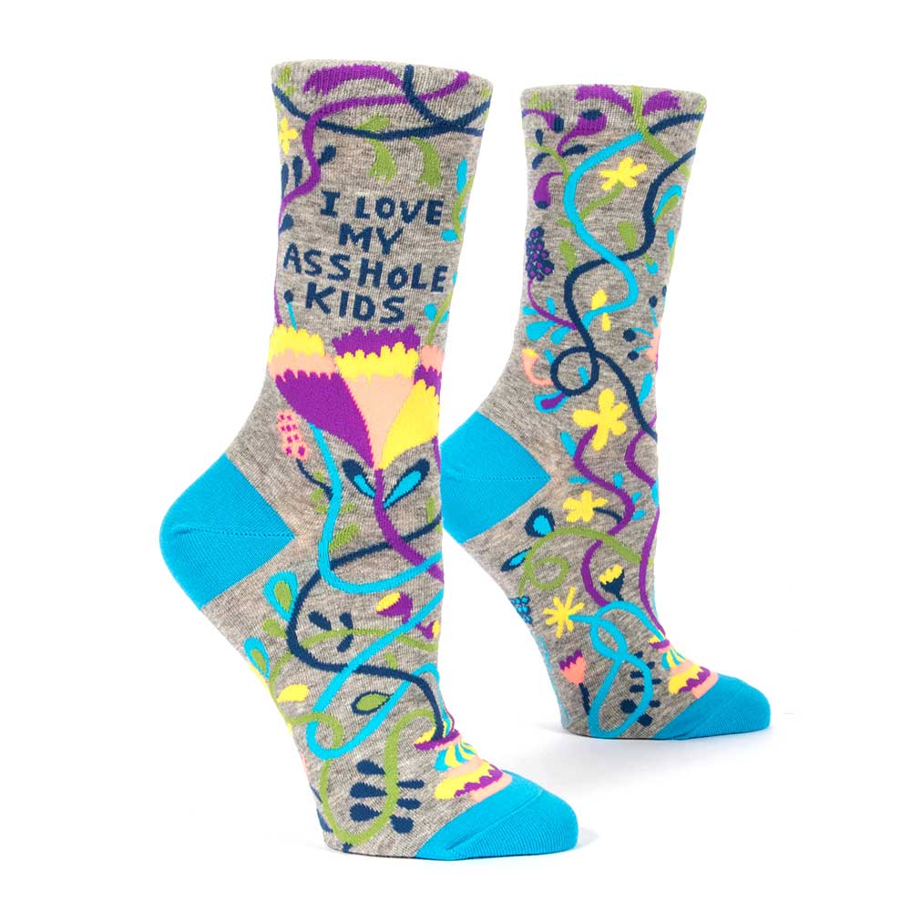 Grey women's socks with bright swirls and flowers: I love my asshole kids