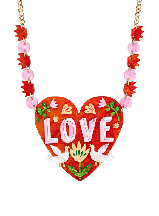 Tatty Devine x The Printed Peanut love heart statement necklace: a red heart with 'Love', doves and flowers