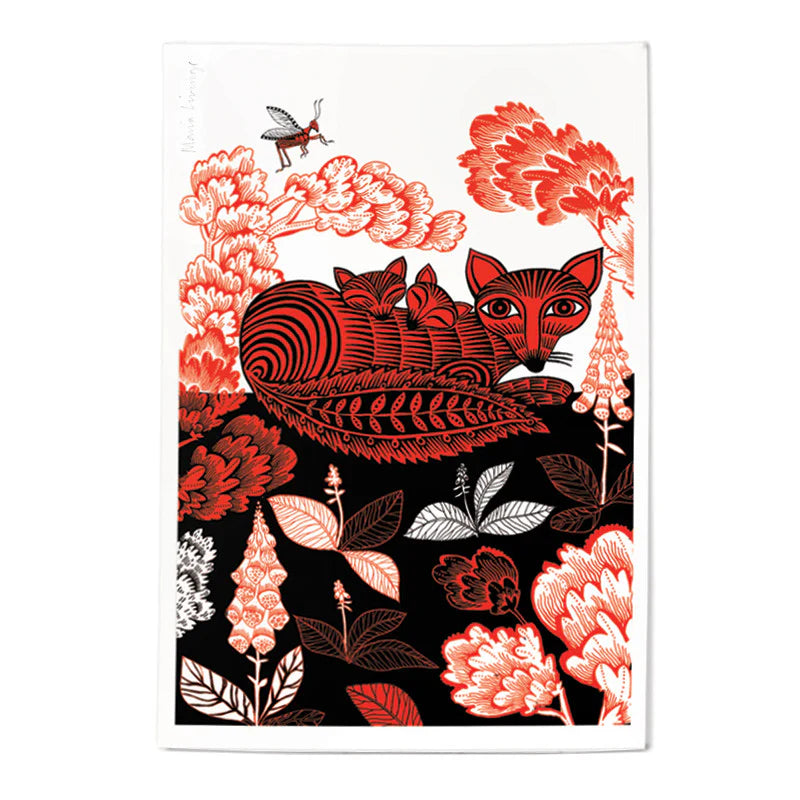 Print of a red fox and cubs among pink and black flowers and foliage