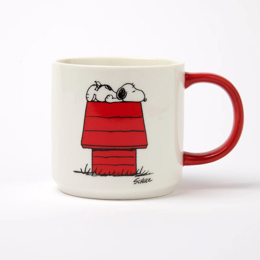Peanuts Allergic to Mornings mug: Snoopy asleep on his red doghouse, with a red handle