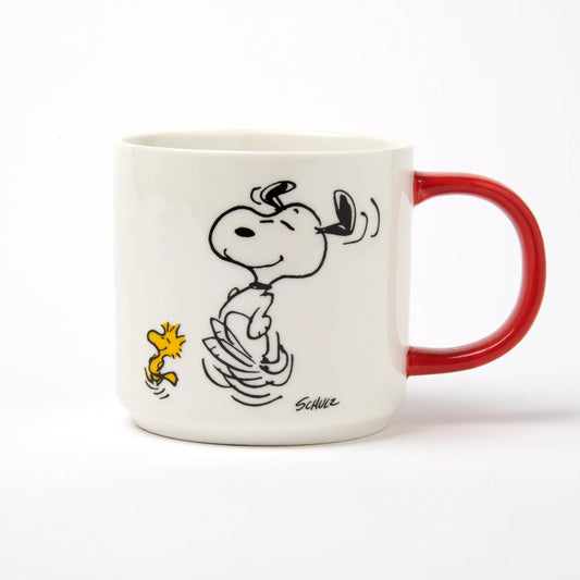 Peanuts To Dance Is To Live mug: Snoopy dancing with Woodstock, with a red handle