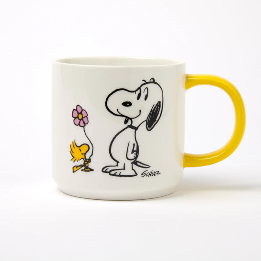Peanuts You're the Best mug: Snoopy and Woodstock holding a flower, with a yellow handle