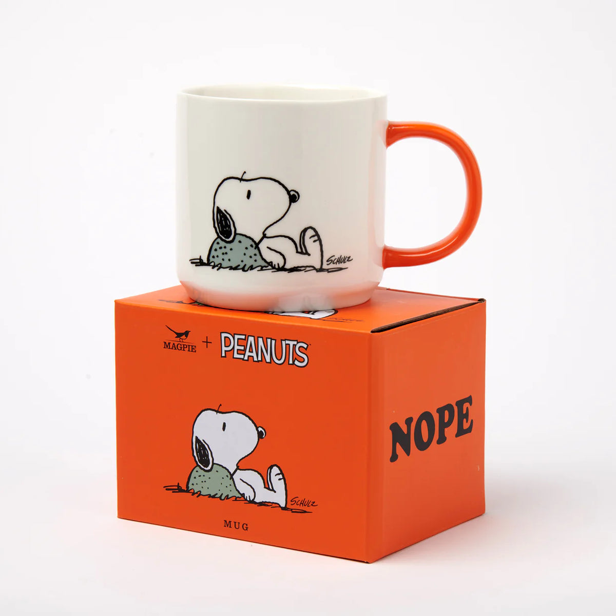 Snoopy Nope mug on its orange gift box