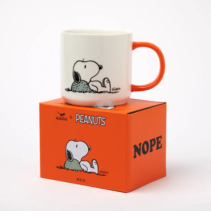 Snoopy Nope mug on its orange gift box