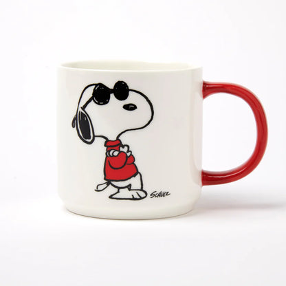 Peanuts Stay Cool mug: Joe Cool Snoopy in sunglasses and a red jumper, with a red handle