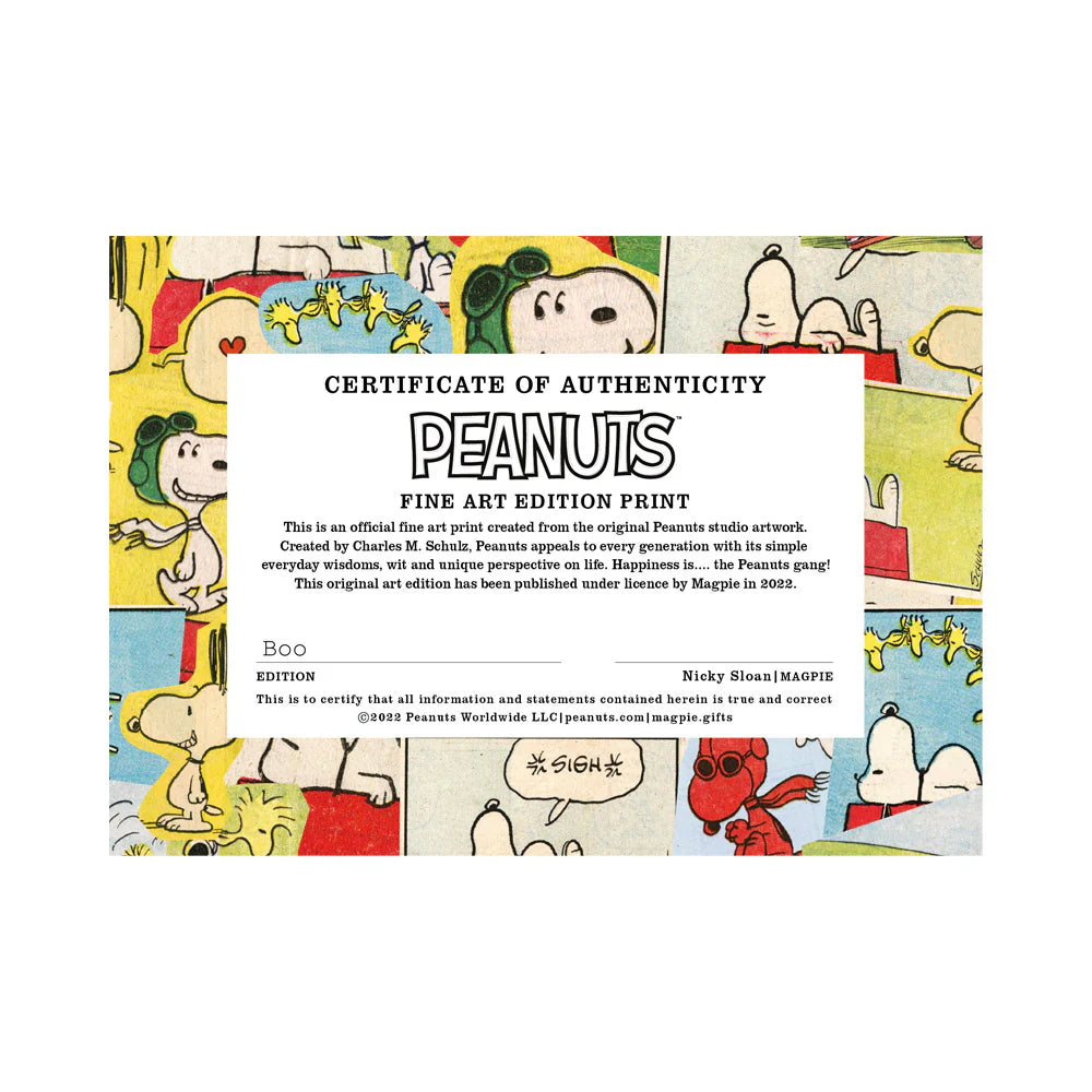 Peanuts certificate of authenticity for the Boo fine art print